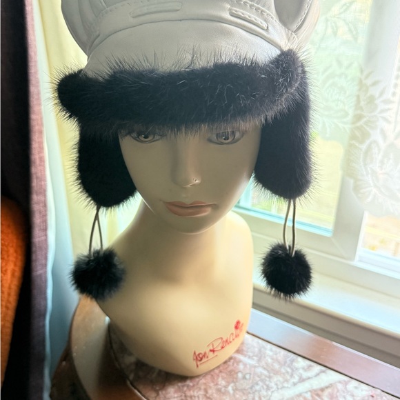 Black Mink Fur Hat&  White lambskin genuine leather main image 4